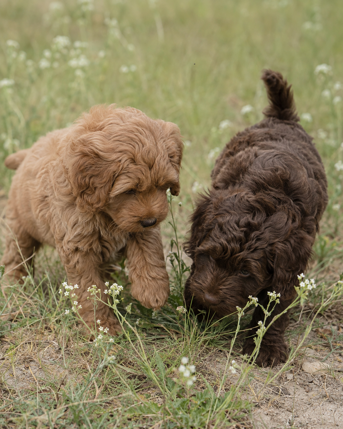 Twee Australian Labradoodlepups die samen de wereld verkennen